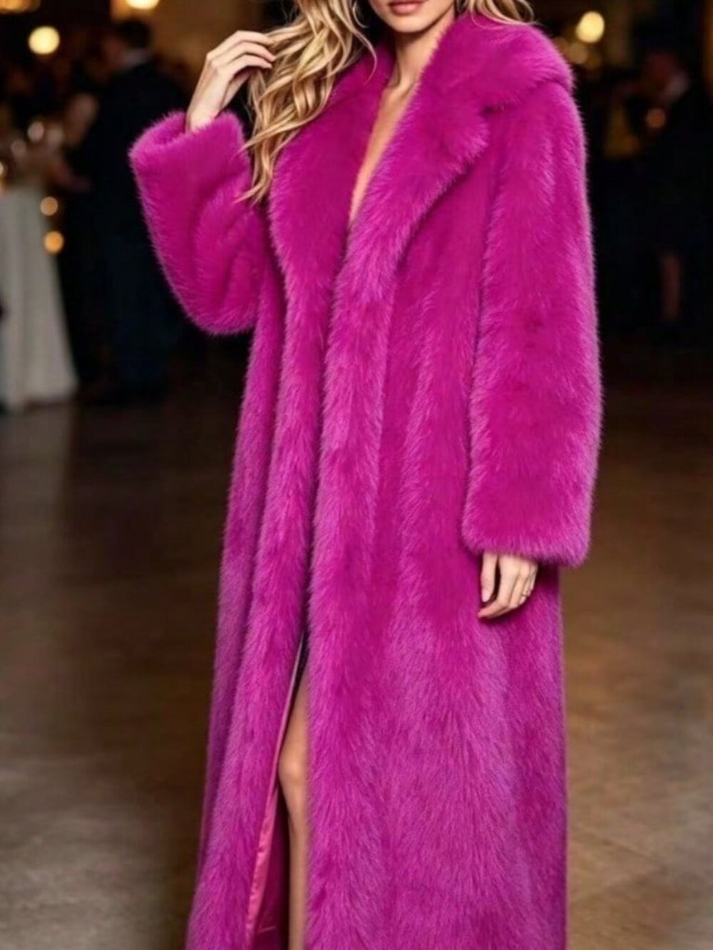 Hot Pink Casual Women's Faux Fur Oversized Sleeve Coat Jacket